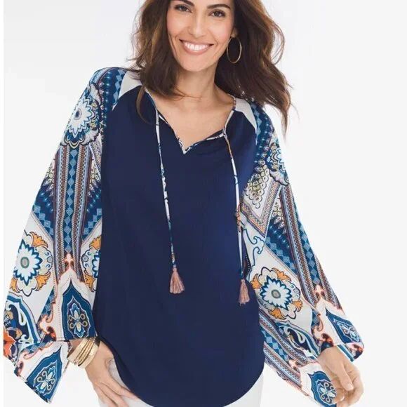 Chicos Cape Sleeve Popover Kimono Status Medallion Tassel Neck Flowy Womens 2 L - Picture 1 of 13